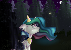 Size: 2039x1446 | Tagged: safe, artist:xcinnamon-twistx, princess celestia, lullaby for a princess, g4, crying, forest, jewelry, looking up, regalia, royalty
