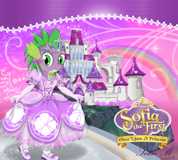 Size: 2200x1968 | Tagged: safe, artist:avchonline, spike, dragon, g4, castle, clothes, crossdressing, curtsey, dress, gloves, jewelry, long gloves, male, mary janes, older, older spike, pantyhose, princess, puffy sleeves, rainbow, sissy, sofia the first, solo, spike the first, tiara