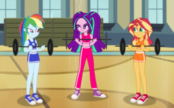 Size: 1024x634 | Tagged: safe, artist:limedazzle, part of a set, aria blaze, rainbow dash, sunset shimmer, equestria girls, g4, canterlot high, clothes, converse, dumbbell (object), gym class, gymnasium, legs, lifting, midriff, pants, shoes, shorts, show accurate, smiling, sneakers, sports shorts, teenager, weights, workout