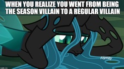 Size: 888x499 | Tagged: safe, edit, edited screencap, screencap, ocellus, queen chrysalis, changeling, changeling queen, g4, what lies beneath, caption, cute, cutealis, diaocelles, female, hilarious in hindsight, image macro, meme, out of context, queen chrysellus, sad, solo, villain decay