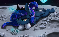 Size: 2480x1580 | Tagged: safe, artist:alcor, princess luna, alicorn, pony, g4, bored, cheek fluff, ear fluff, earth, female, fluffy, frog (hoof), frown, glowing horn, hoof shoes, horn, leg fluff, lidded eyes, lonely, magic, mare, moon, now kiss, on the moon, planet, ponies playing with ponies, prone, raised tail, sad, solo, space, sploot, stars, tail, telekinesis, underhoof