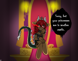 Size: 3234x2550 | Tagged: safe, artist:takaneko13, oc, dracony, bowsette, claws, crossed legs, crossover, dragon tail, high res, horns, nintendo, red eyes, scales, shell, sombra eyes, speech, throne, throne room, throne slouch, toadette