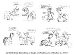 Size: 1193x854 | Tagged: safe, artist:baron engel, applejack, pinkie pie, twilight sparkle, oc, oc:carousel, oc:petina, earth pony, pony, unicorn, g4, black and white, comic, cowboy hat, do not want, fangirling, female, grayscale, hat, mare, monochrome, nervous, pencil drawing, simple background, traditional art, unicorn twilight, white background