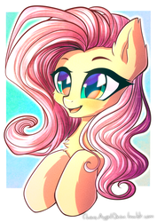 Size: 1414x2000 | Tagged: safe, artist:chaosangeldesu, fluttershy, pegasus, pony, g4, bust, chest fluff, cute, female, happy, mare, open mouth, portrait, shyabetes, smiling, solo
