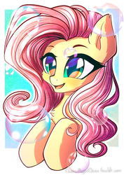 Size: 1414x2000 | Tagged: safe, alternate version, artist:chaosangeldesu, fluttershy, pony, g4, bubble, bust, chest fluff, cute, female, happy, mare, open mouth, portrait, shyabetes, smiling, solo