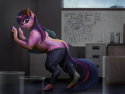 Size: 1000x750 | Tagged: safe, artist:geoffrey mcdermott, twilight sparkle, alicorn, pony, g4, beaker, cardboard twilight, dock, female, glasses, human to pony, laboratory, mare, mid-transformation, open mouth, open smile, ripped socks, science, science fiction, scientist, smiling, socks, stock vector, story in the comments, tail, torn clothes, torn socks, transformation, twilight sparkle (alicorn), what has science done, whiteboard