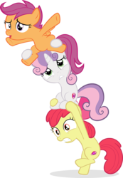 Size: 866x1250 | Tagged: safe, artist:spellboundcanvas, apple bloom, scootaloo, sweetie belle, earth pony, pegasus, pony, unicorn, g4, marks for effort, bipedal, cutie mark crusaders, female, pony pile, simple background, tower of pony, transparent background, trio, trio female, vector