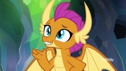 Size: 1920x1080 | Tagged: safe, screencap, smolder, dragon, g4, what lies beneath, claws, discovery family, discovery family logo, dragon wings, dragoness, fangs, female, horns, logo, smiling, solo, spread wings, teeth, wings