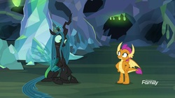 Size: 1920x1080 | Tagged: safe, screencap, ocellus, queen chrysalis, smolder, changeling, changeling queen, g4, what lies beneath, discovery family, discovery family logo, disguise, disguised changeling, female, logo, queen chrysellus