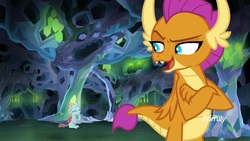 Size: 1920x1080 | Tagged: safe, screencap, ocellus, smolder, dragon, g4, what lies beneath, crossed arms, discovery family, discovery family logo, dragoness, eyes closed, female, logo, nightmare cave, open mouth, raised eyebrow, smiling