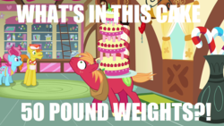 Size: 1280x720 | Tagged: safe, edit, edited screencap, screencap, big macintosh, carrot cake, cup cake, earth pony, pony, g4, mmmystery on the friendship express, apron, bowtie, cake, clothes, colored hooves, exclamation point, female, food, hat, horse collar, image macro, interrobang, ladder, male, mare, marzipan mascarpone meringue madness, meme, question mark, solo focus, stallion, sugarcube corner, trio