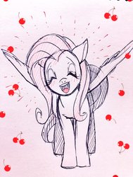 Size: 1552x2048 | Tagged: safe, artist:hosikawa, fluttershy, pegasus, pony, g4, eyes closed, female, mare, open mouth, sketch, smiling, solo, spread wings, traditional art, wings