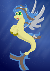 Size: 1024x1448 | Tagged: safe, artist:lizardwithhat, oc, oc only, oc:skydiver, seapony (g4), g4, my little pony: the movie, blue hair, cute, hooves, prosthetic wing, simple background, solo, underwater, yellow hair