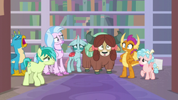 Size: 1280x720 | Tagged: safe, screencap, cozy glow, gallus, ocellus, sandbar, silverstream, smolder, yona, changedling, changeling, classical hippogriff, dragon, earth pony, griffon, hippogriff, pegasus, pony, yak, g4, what lies beneath, bookshelf, bow, cloven hooves, colored hooves, dragoness, female, filly, hair bow, jewelry, library, male, monkey swings, necklace, student six, tail bow, teenager, yawn