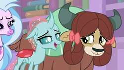 Size: 1280x720 | Tagged: safe, screencap, ocellus, silverstream, yona, classical hippogriff, hippogriff, g4, what lies beneath, female, lidded eyes, tired