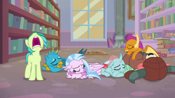 Size: 1280x720 | Tagged: safe, screencap, gallus, ocellus, sandbar, silverstream, smolder, yona, changedling, changeling, classical hippogriff, dragon, earth pony, griffon, hippogriff, pony, yak, g4, what lies beneath, bookshelf, bow, cloven hooves, dragoness, eyes closed, female, hair bow, jewelry, library, male, monkey swings, necklace, nose in the air, student six, teenager, volumetric mouth, yawn
