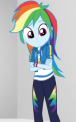 Size: 410x659 | Tagged: safe, screencap, rainbow dash, equestria girls, equestria girls specials, g4, my little pony equestria girls: better together, my little pony equestria girls: rollercoaster of friendship, clothes, cropped, crossed arms, female, geode of super speed, hoodie, magical geodes, pants