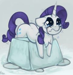 Size: 775x802 | Tagged: safe, artist:marsminer, rarity, pony, unicorn, g4, big eyes, chest fluff, cold, crying, female, floppy ears, frown, horn, ice, ice cube, makeup, mare, melting, pointy horn, running makeup, sad, shivering, solo, water