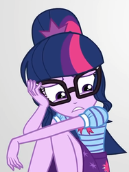 Size: 504x671 | Tagged: safe, screencap, sci-twi, twilight sparkle, equestria girls, equestria girls specials, g4, my little pony equestria girls: better together, my little pony equestria girls: rollercoaster of friendship, clothes, cropped, female, geode of telekinesis, glasses, hand on head, legs, ponytail, skirt