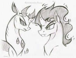 Size: 1814x1381 | Tagged: safe, artist:rossmaniteanzu, king sombra, pharynx, changedling, changeling, pony, unicorn, g4, duo, fangs, gray background, grayscale, looking at each other, male, monochrome, pencil drawing, prince pharynx, simple background, stallion, traditional art