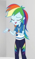 Size: 428x720 | Tagged: safe, screencap, rainbow dash, equestria girls, equestria girls specials, g4, my little pony equestria girls: better together, my little pony equestria girls: rollercoaster of friendship, clothes, cropped, eyes closed, female, geode of super speed, hoodie, magical geodes, pants, smiling