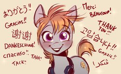 Size: 1370x833 | Tagged: safe, artist:imalou, oc, oc only, oc:cookie malou, earth pony, pony, arabic, blushing, chinese, cyrillic, english, female, french, german, italian, japanese, korean, looking at you, mare, milestone, norwegian, russian, smiling, solo, spanish, swedish, thank you