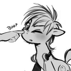Size: 2000x2000 | Tagged: safe, artist:imalou, oc, oc only, oc:cookie malou, earth pony, human, pony, blushing, boop, cute, disembodied hand, female, floppy ears, grayscale, hand, high res, mare, monochrome