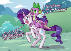 Size: 2340x1680 | Tagged: safe, artist:dsp2003, rarity, spike, dragon, pony, unicorn, g4, 30 minute art challenge, bush, cloud, comic, female, male, mare, motion blur, no time to explain, open mouth, panic, parody, running, scared, screaming, single panel, tree
