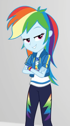 Size: 380x681 | Tagged: safe, screencap, rainbow dash, equestria girls, equestria girls specials, g4, my little pony equestria girls: better together, my little pony equestria girls: rollercoaster of friendship, bedroom eyes, clothes, cropped, crossed arms, female, geode of telekinesis, hoodie, pants, smiling, teeth