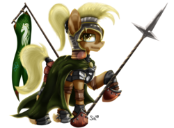 Size: 2484x1843 | Tagged: safe, artist:sintakhra, mjölna, earth pony, pony, ask sandy pony, g4, armor, armored hooves, armored pony, banner, cape, cloak, clothes, crossover, eye shimmer, female, flag, greaves, helmet, leather armor, lord of the rings, not applejack, plate armor, ponytail, rohan, rohirrim, shoes, simple background, solo, spear, transparent background, unshorn fetlocks, weapon