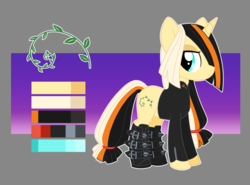 Size: 1138x843 | Tagged: safe, artist:krowzivitch, oc, oc only, oc:golden age, pony, unicorn, boots, goth, hair tie, reference sheet, shoes, spikes, vine