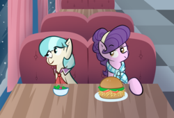 Size: 1810x1232 | Tagged: safe, artist:christheblue, coco pommel, suri polomare, earth pony, pony, g4, booth, burger, duo, duo female, female, food, hay burger, mare, restaurant, salad, snow, table