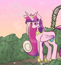 Size: 1515x1616 | Tagged: safe, artist:incapacitatedvixen, princess cadance, alicorn, pony, g4, arch, cutie mark, female, garden, hoof shoes, horn, jewelry, looking away, regalia, royalty, solo, standing, wings