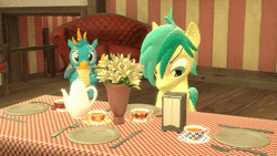Size: 1280x720 | Tagged: safe, artist:red4567, gallus, ocellus, sandbar, earth pony, griffon, pony, g4, 3d, animated, cup, fail, flower, ghostbusters, male, silverware, sound, source filmmaker, table, tablecloth, teacup, trick, webm