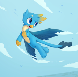 Size: 2800x2778 | Tagged: safe, artist:swerve-art, gallus, bird, griffon, g4, claws, cloud, cute, flying, gallabetes, high res, looking back, male, open mouth, paws, sky, smiling, solo, tail, wings