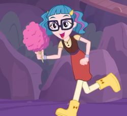 Size: 589x540 | Tagged: safe, screencap, technicolor waves, equestria girls, equestria girls specials, g4, my little pony equestria girls: better together, my little pony equestria girls: rollercoaster of friendship, background human, boots, clothes, cotton candy, cropped, female, glasses, pigtails, running, shoes, skirt, smiling