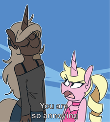 Size: 794x883 | Tagged: safe, artist:redxbacon, oc, oc only, oc:eureka, oc:parch well, unicorn, anthro, angry, anthro oc, clothes, denim skirt, description is relevant, dexter's laboratory, eyes closed, skirt, smiling
