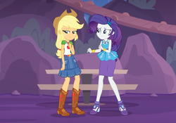 Size: 960x672 | Tagged: safe, screencap, applejack, rarity, equestria girls, equestria girls specials, g4, my little pony equestria girls: better together, my little pony equestria girls: rollercoaster of friendship, belt, boots, clothes, cowboy boots, cowboy hat, cropped, denim skirt, female, freckles, geode of shielding, geode of super strength, hat, high heels, rarity peplum dress, shoes, skirt, stetson