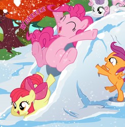 Size: 2723x2762 | Tagged: safe, artist:light262, artist:lummh, apple bloom, pinkie pie, scootaloo, sweetie belle, earth pony, pegasus, pony, unicorn, comic:timey wimey, g4, adorabloom, comic, cropped, cute, cutealoo, cutie mark crusaders, diapinkes, diasweetes, female, happy, high res, sliding, snow, snowfall, text, underhoof