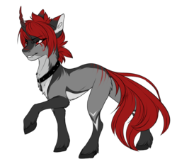 Size: 939x868 | Tagged: safe, artist:requiem♥, oc, oc only, pony, unicorn, vampire, chest fluff, collar, ear fluff, fluffy, grey fur, hooves, horn, little fangs, long tail, male, red eyes, red hair, red tail, short hair, simple background, transparent background