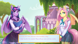 Size: 2160x1215 | Tagged: safe, artist:ladychimaera, fluttershy, twilight sparkle, alicorn, pegasus, anthro, g4, clothes, dialogue, duo, female, glasses, looking at you, mare, nail polish, school uniform, shorts, signature, smiling, spread wings, text, twilight sparkle (alicorn), visual novel, wings