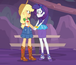 Size: 742x638 | Tagged: safe, screencap, applejack, rarity, equestria girls, equestria girls specials, g4, my little pony equestria girls: better together, my little pony equestria girls: rollercoaster of friendship, belt, blushing, boots, clothes, cowboy boots, cowboy hat, cropped, denim skirt, female, freckles, geode of shielding, geode of super strength, hat, high heels, rarity peplum dress, shipping fuel, shoes, skirt, smiling, stetson