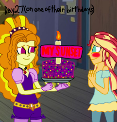 Size: 2000x2073 | Tagged: safe, artist:ktd1993, adagio dazzle, sunset shimmer, equestria girls, g4, 30 day otp challenge, blushing, cake, female, food, high res, lesbian, ship:sunsagio, shipping