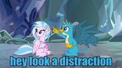 Size: 1920x1080 | Tagged: safe, edit, edited screencap, screencap, gallus, silverstream, classical hippogriff, griffon, hippogriff, g4, what lies beneath, colored hooves, duo, female, image macro, jewelry, male, meme, necklace, nightmare cave, pointing
