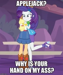 Size: 500x590 | Tagged: safe, edit, edited screencap, screencap, applejack, rarity, equestria girls, equestria girls series, g4, rollercoaster of friendship, blushing, butt touch, cropped, duo, duo female, female, hand on butt, high heels, image macro, imgflip, implied lesbian, implied rarijack, implied shipping, meme, raised leg, shoes, text