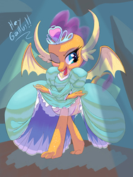 Size: 2400x3200 | Tagged: safe, artist:hananpacha, smolder, dragon, g4, what lies beneath, clothes, dialogue, dragoness, dress, fangs, female, high res, implied gallus, implied smollus, lipstick, offscreen character, one eye closed, princess smolder, puffy sleeves, smollus, solo, wink