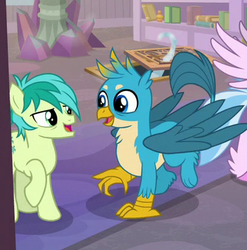 Size: 356x360 | Tagged: safe, screencap, gallus, sandbar, silverstream, earth pony, griffon, pony, g4, what lies beneath, claws, cropped, cute, duo focus, gallabetes, male, offscreen character, paws, smiling, wings
