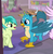 Size: 356x360 | Tagged: safe, screencap, gallus, sandbar, silverstream, classical hippogriff, earth pony, griffon, hippogriff, pony, g4, my little pony: friendship is magic, what lies beneath, claws, cropped, cute, duo focus, gallabetes, male, offscreen character, paws, smiling, wings