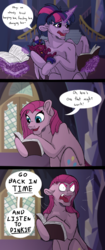 Size: 1714x4096 | Tagged: safe, artist:percy-mcmurphy, pinkie pie, twilight sparkle, oc, oc:alistair, alicorn, changedling, changeling, changepony, earth pony, pony, g4, antennae, book, comic, crying, f.r.i.e.n.d.s, fangs, foal, interspecies offspring, magic, next generation, offspring, parent:thorax, parent:twilight sparkle, parents:twirax, pinkamena diane pie, ponytail, telekinesis, text, twilight sparkle (alicorn), twilight's castle