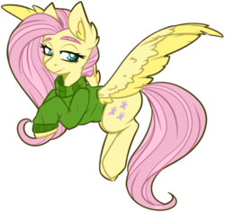 Size: 921x868 | Tagged: safe, artist:lrusu, fluttershy, pegasus, pony, g4, clothes, female, lidded eyes, looking at you, looking sideways, mare, simple background, solo, spread wings, sweater, sweatershy, three quarter view, transparent background, wings
